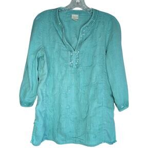 Chico's teal linen, V-neck top with sequin & embroidered details, women's size S